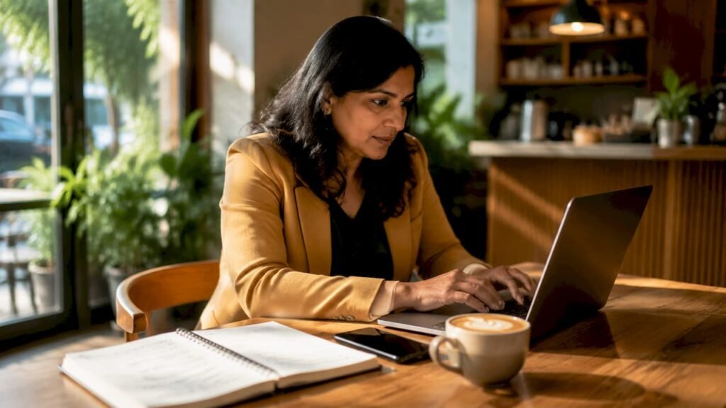 Woman reviewing bookkeeping records at desk