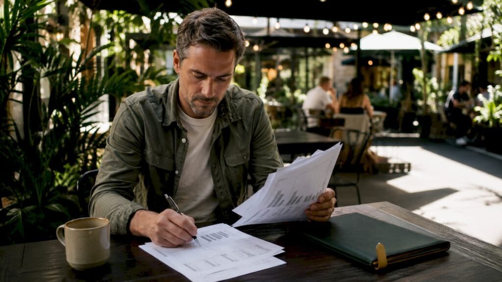 Small business owner reviewing accounting documents