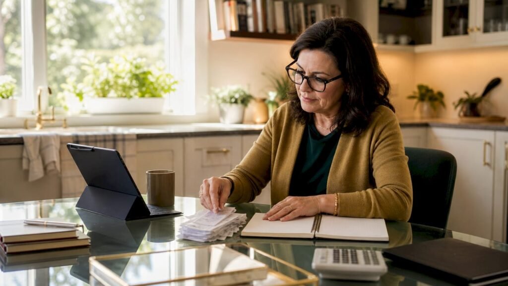 Small business owner organizing accounting papers