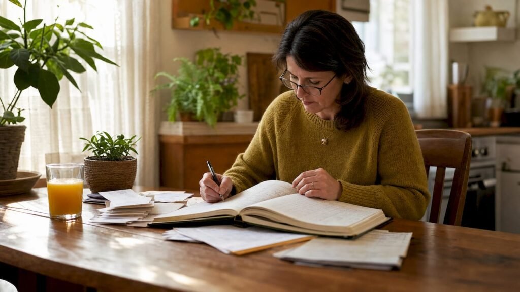 Bookkeeper reviewing financial records at desk