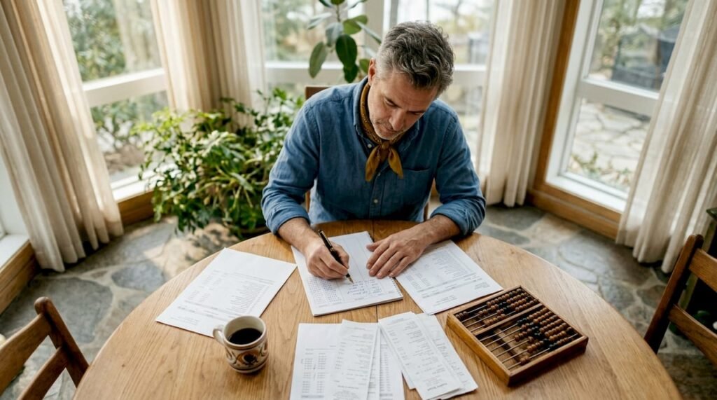 Small business owner reviewing ledger documents at table