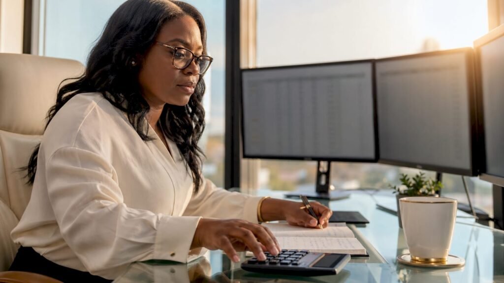 Female virtual accountant working at home desk