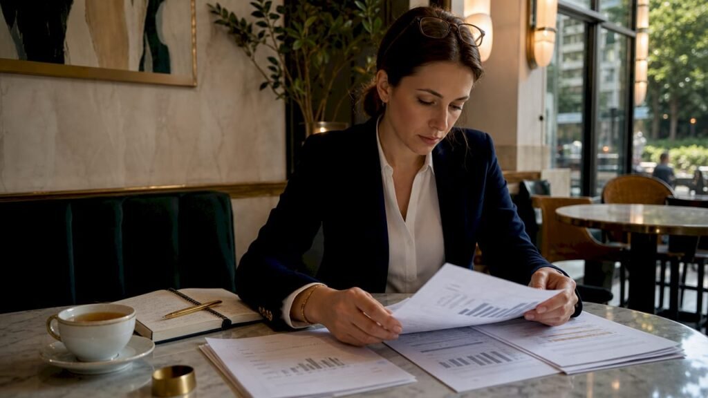 Woman reviewing financial statements at home office