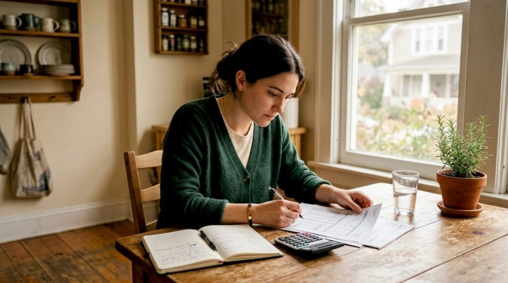 Startup founder reviewing tax documents at desk