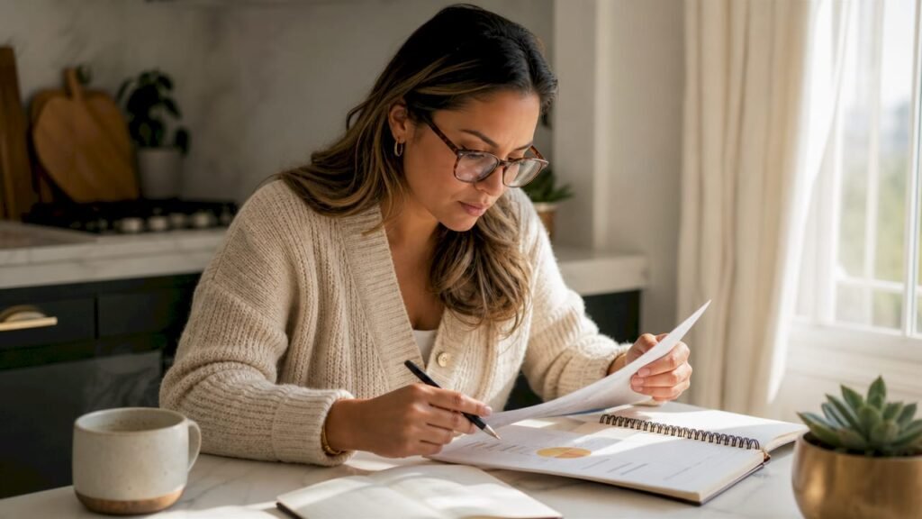 Small business owner reviewing financial plans at desk