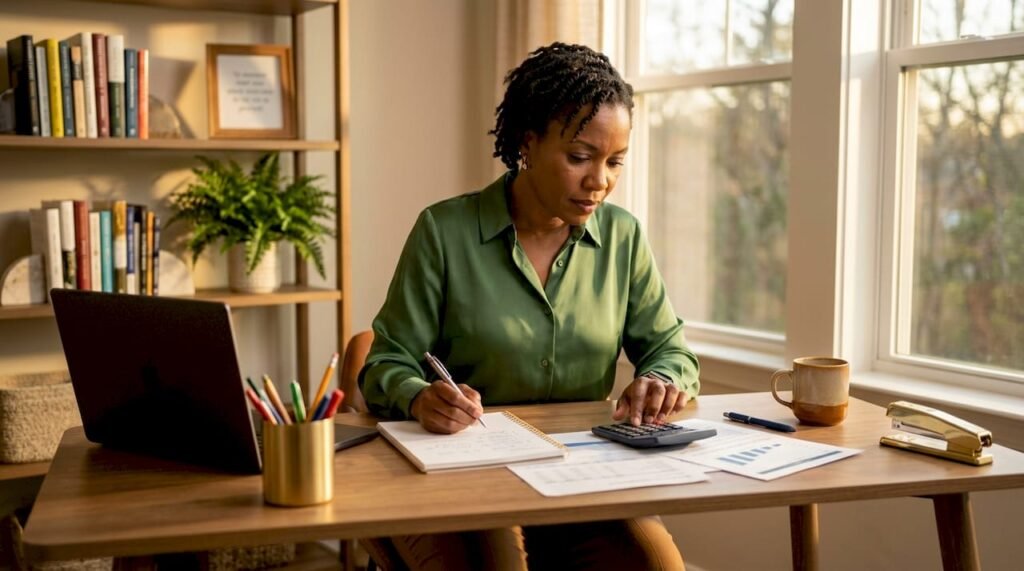 Financial consultant reviewing reports at desk