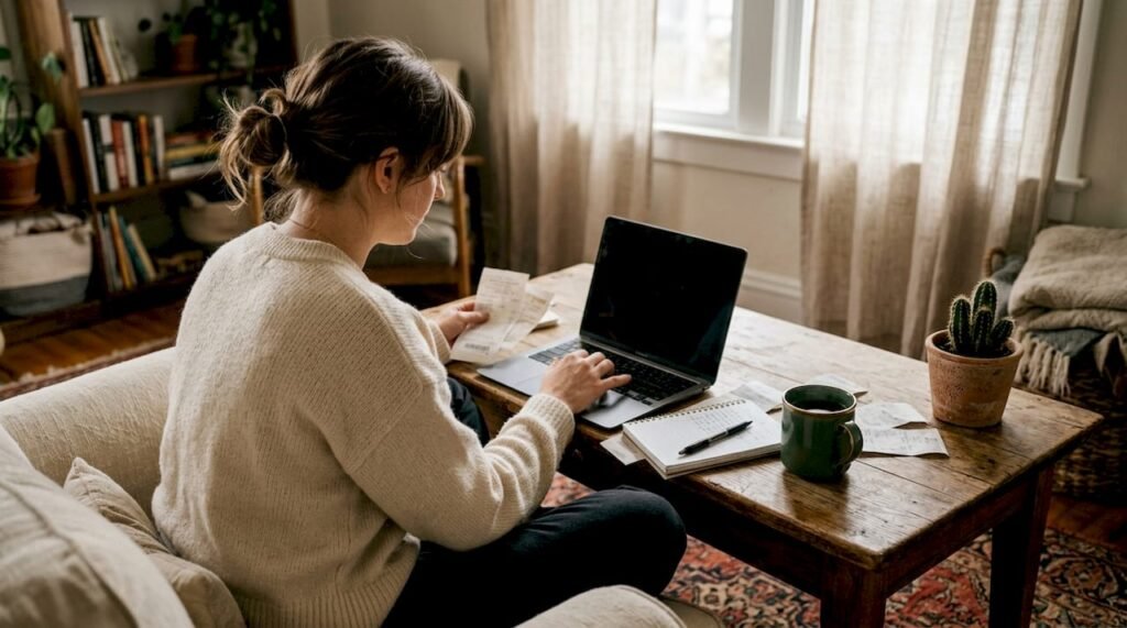 Small business owner entering bookkeeping data