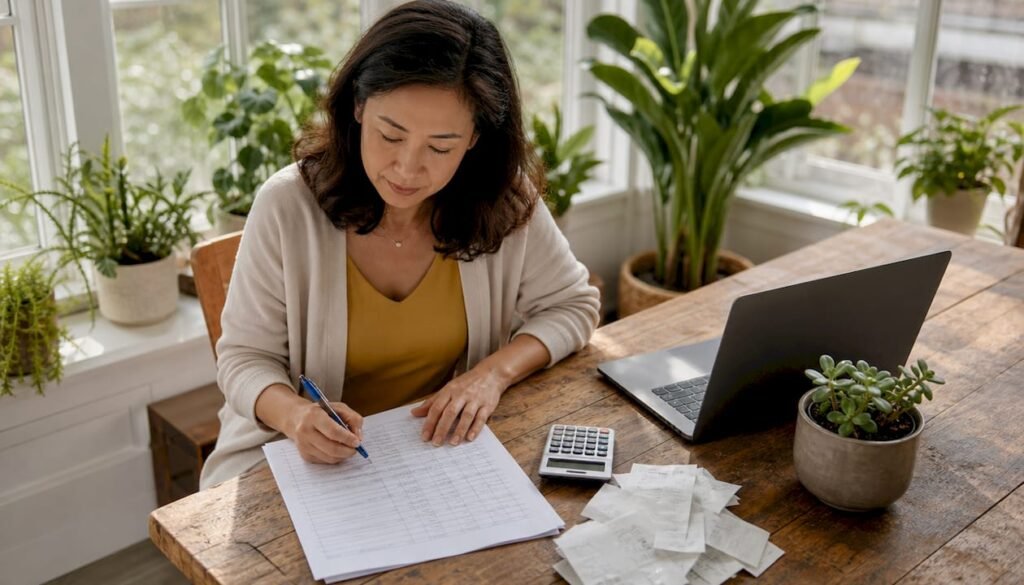 Woman reviewing financial risk documents at home desk