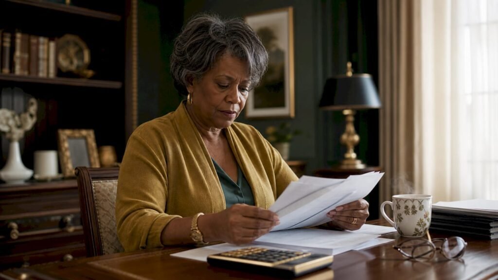 Woman organizing financial documents at table