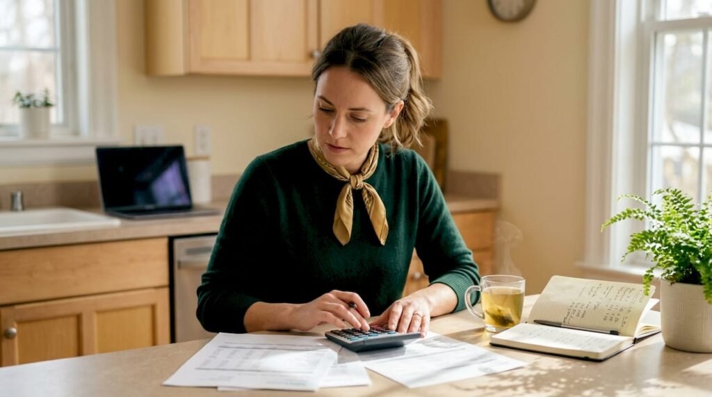 Small business owner calculating finances at desk