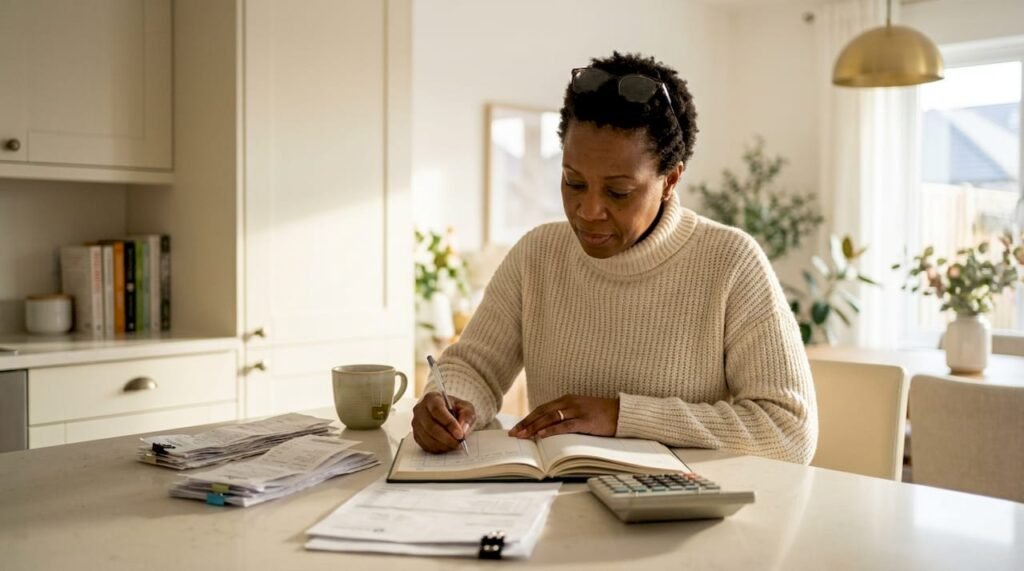 Woman entering bookkeeping records at home office desk