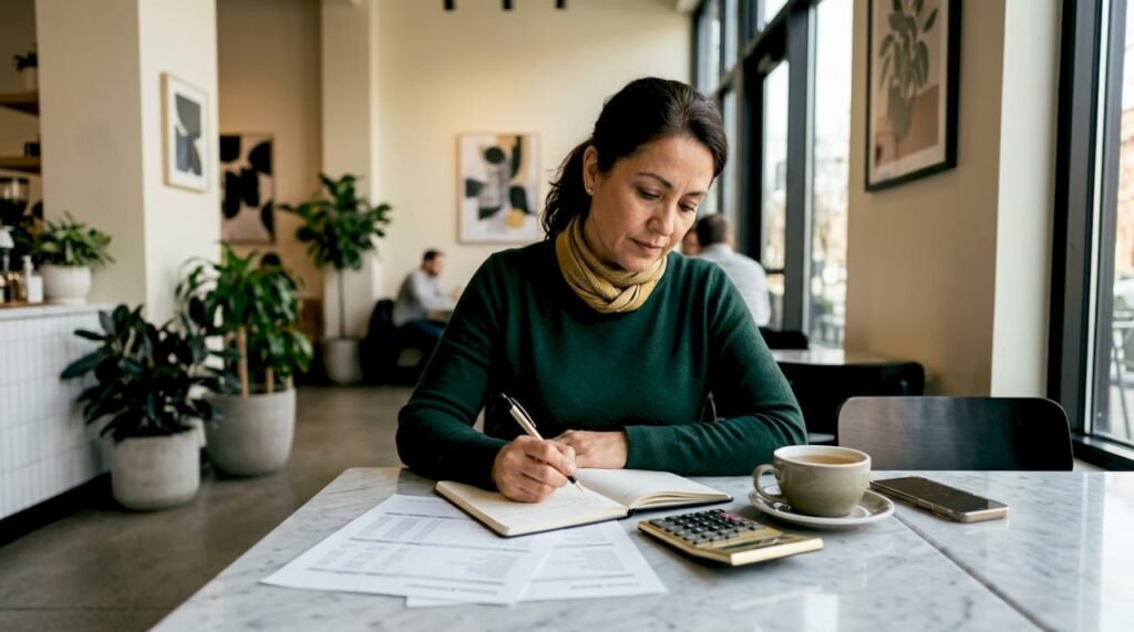 Woman reviewing financial statements at desk