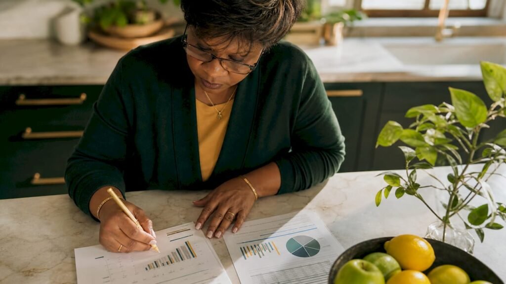 Accountant reviewing financial reports in home office