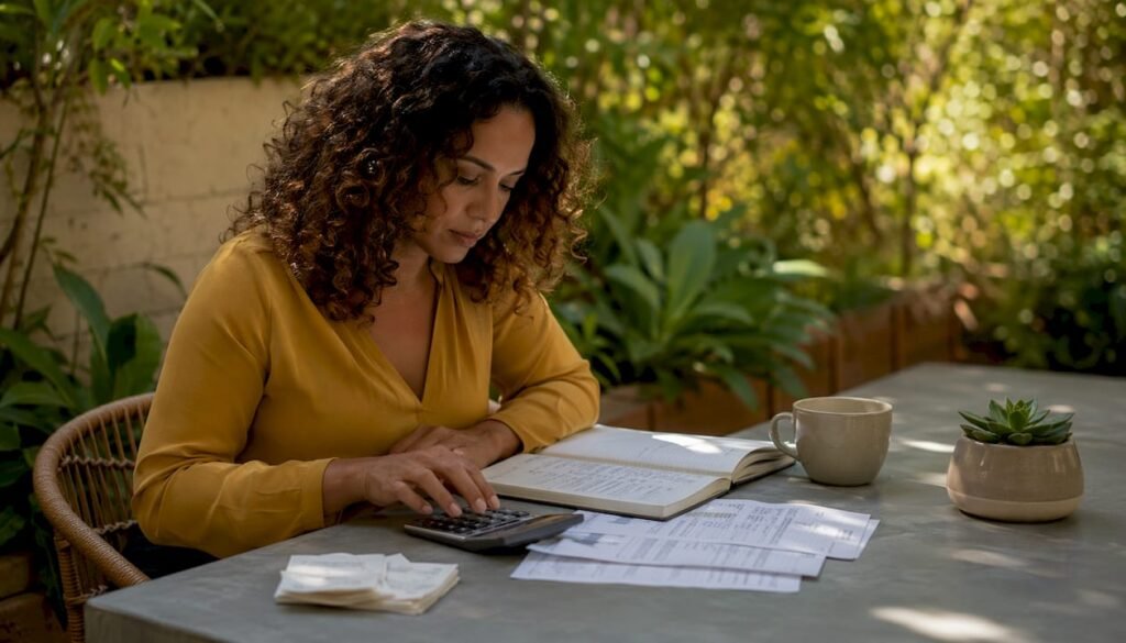 Woman doing freelance bookkeeping at home office desk