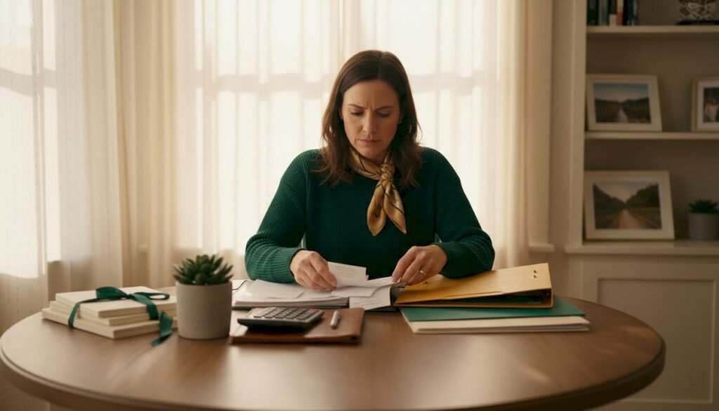 Business owner organizing finances at home desk
