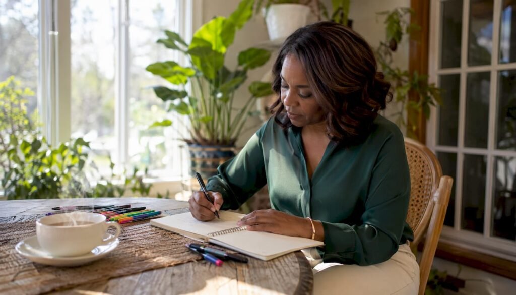 Woman writing financial goals in home office