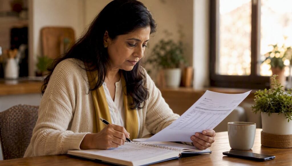 Woman reviewing bank statements at home office