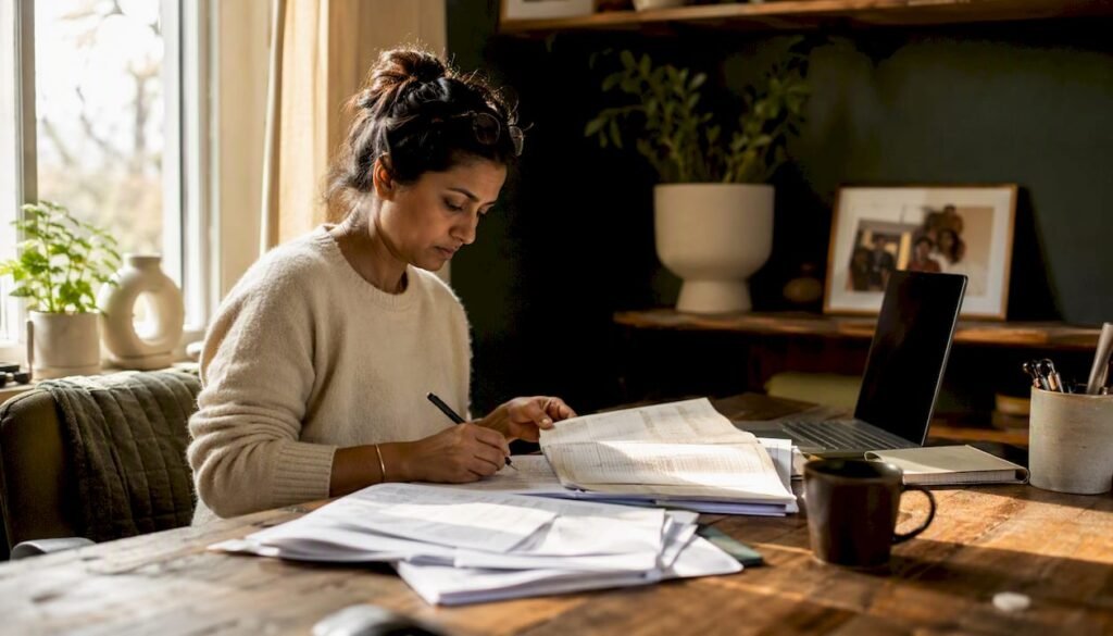 Freelancer reviewing financial records at home desk