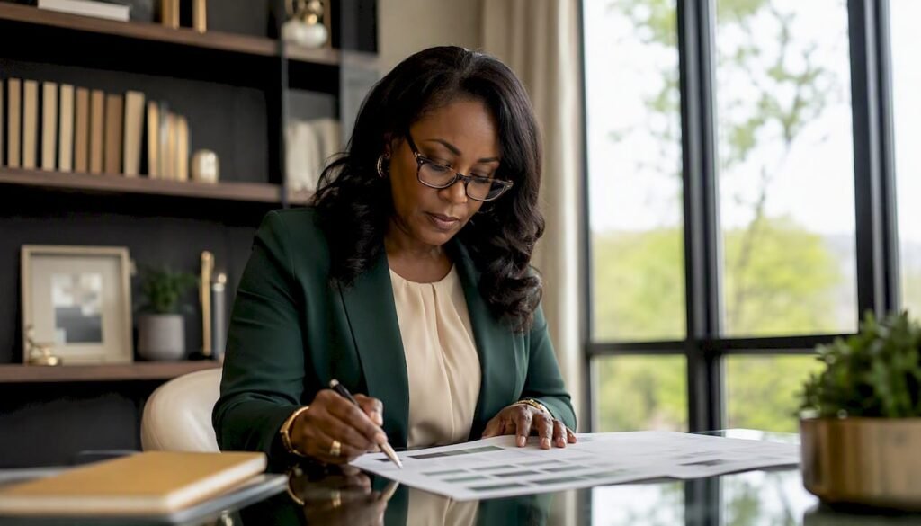 Entrepreneur reviewing financial expansion plan documents