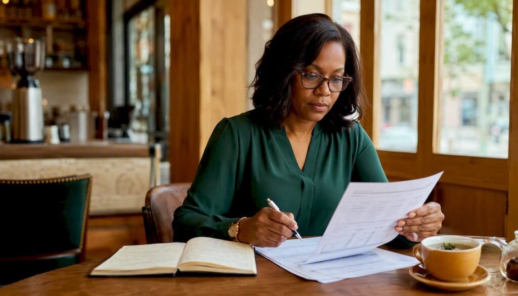 Woman reviewing financial statements at desk