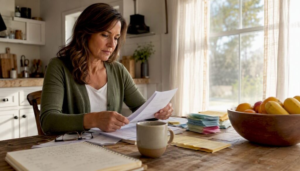 Small business owner reviewing financial data papers