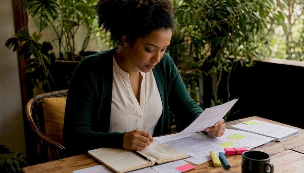 Woman reviewing sales tax documents at home office