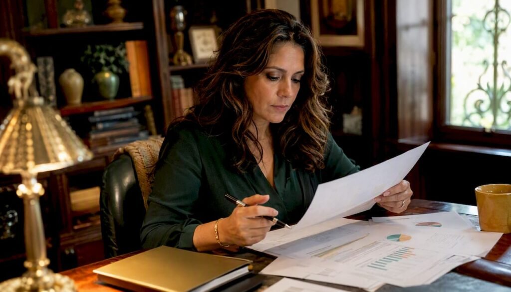Business owner reviewing accounting documents at home