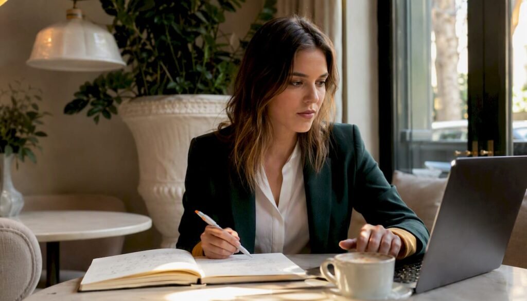 Entrepreneur reviewing profit analysis on laptop