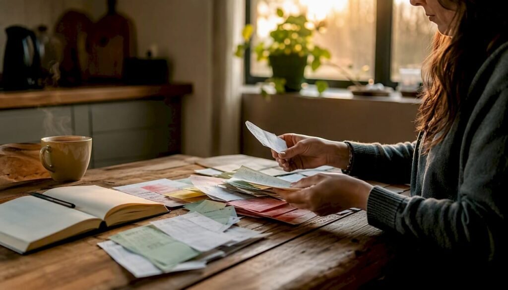 Hands organizing receipts on a desk