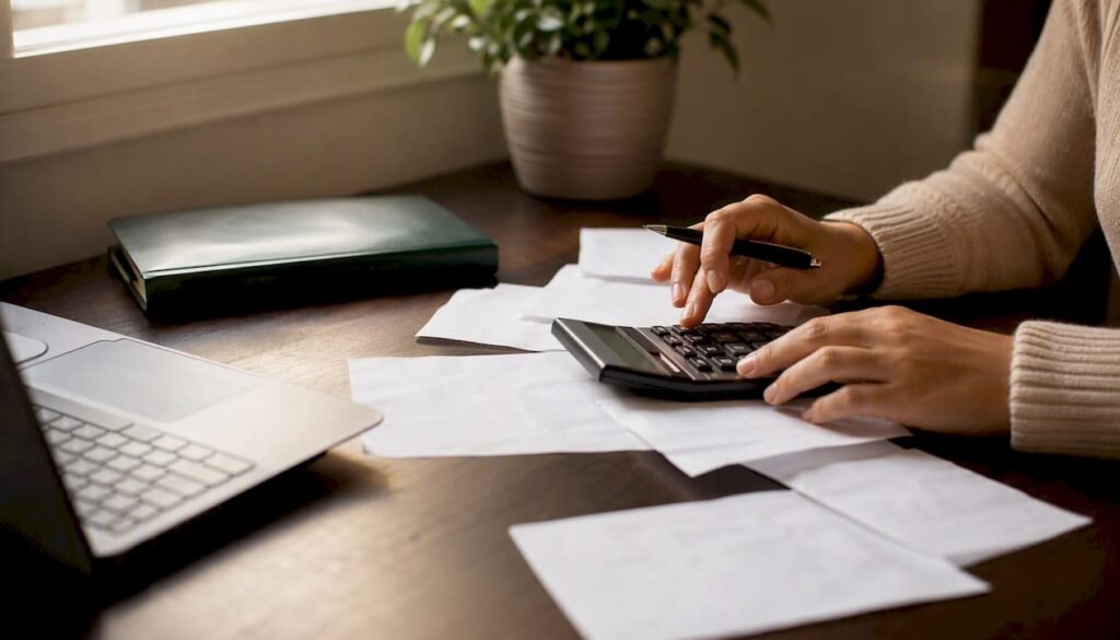 Hands using calculator and sorting receipts at desk