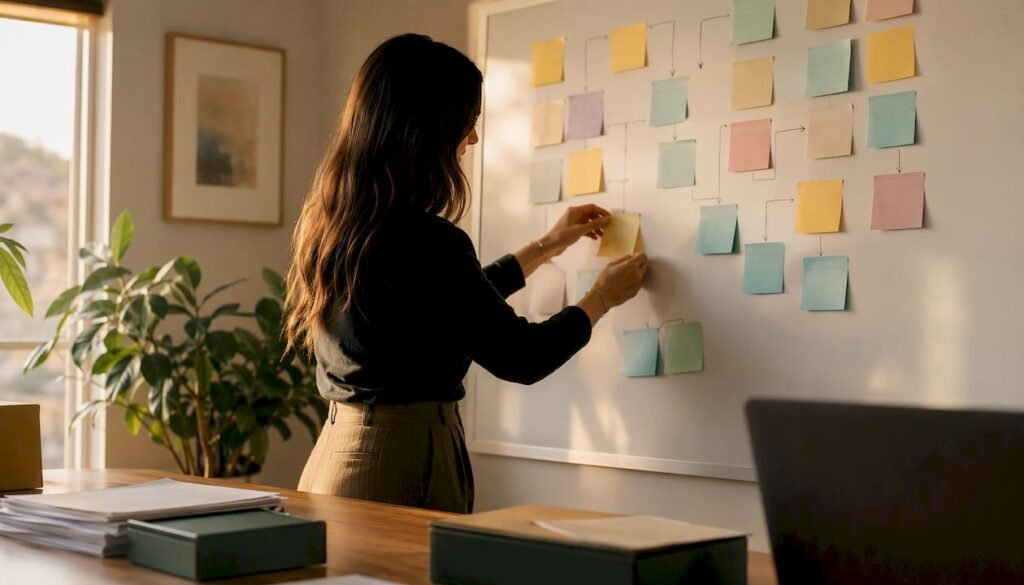 Hands adjusting workflow planning board