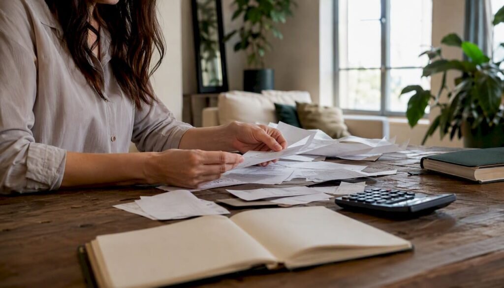 Hands sorting freelance financial receipts