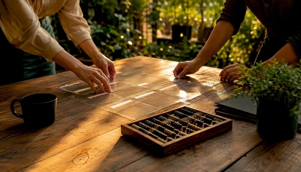 Hands arranging physical financial planning tools