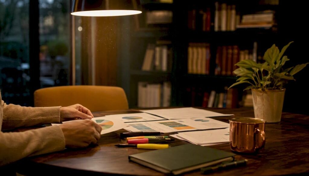 Hands adjusting financial counting tool on wooden desk
