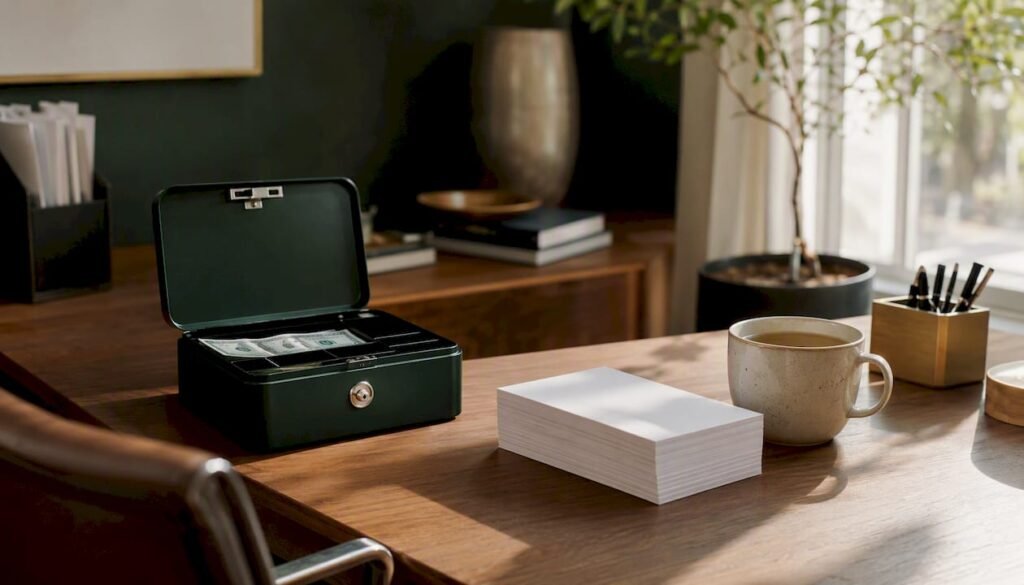 Petty cash box and vouchers on office desk