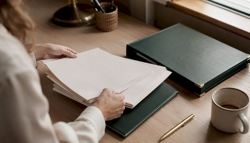 Hands sorting supplier invoices on desk