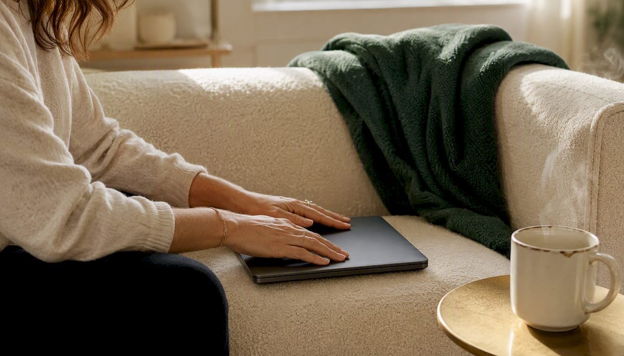 Hands poised over dark laptop keyboard