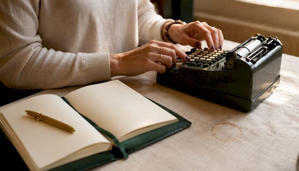 Hands using vintage calculator on desk