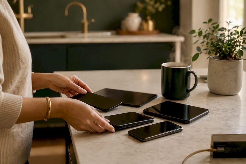Hands organizing virtual accounting devices in warm office