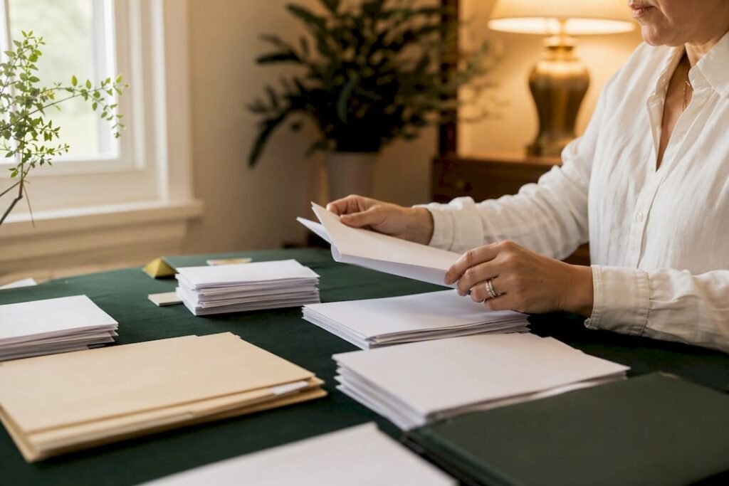 Hands sorting business notes at desk