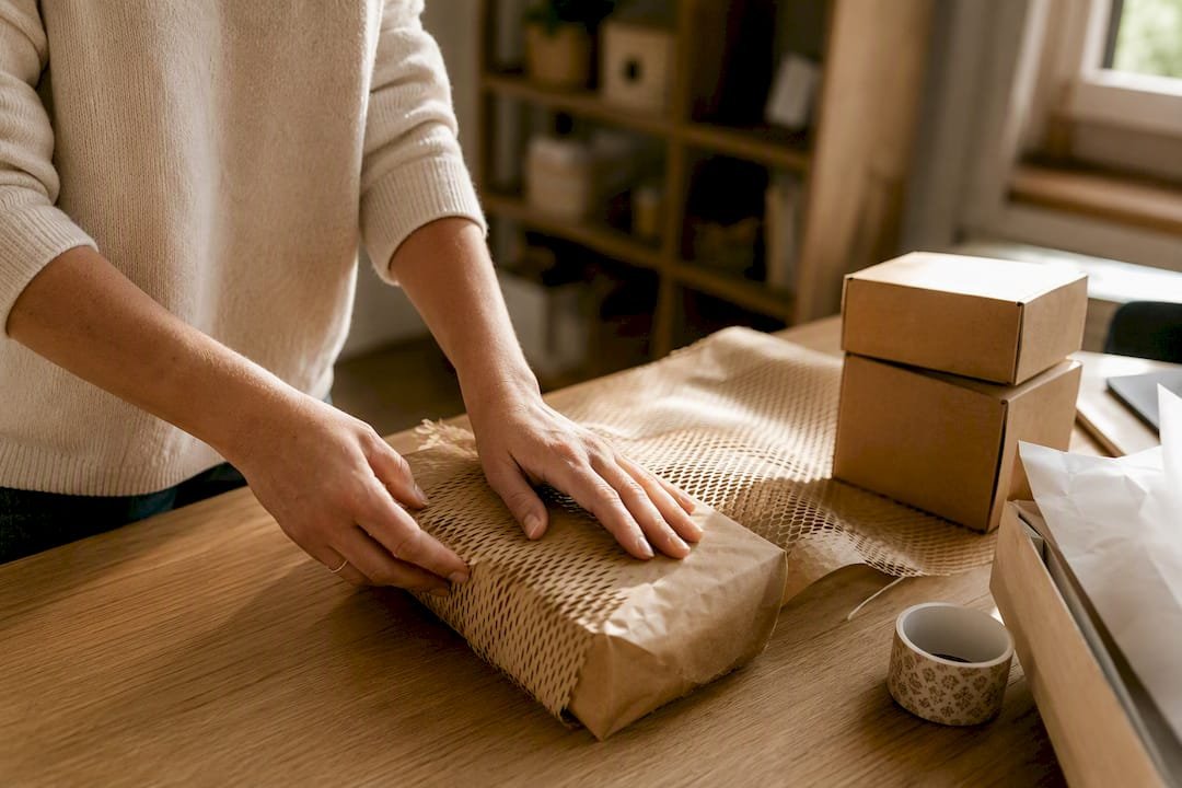 Hands packing online order for shipment
