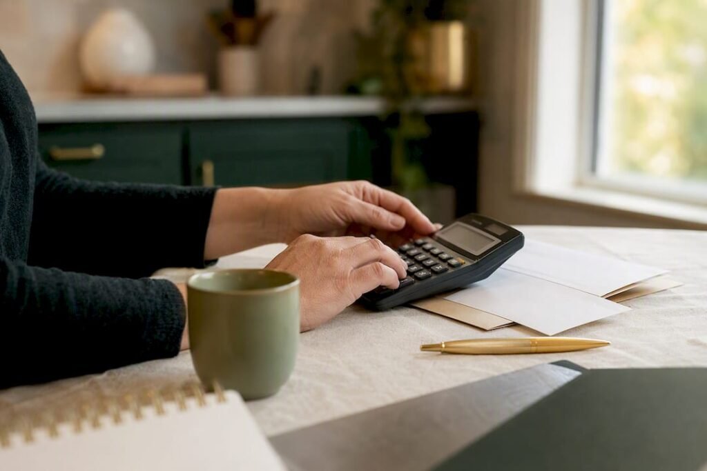 Hands calculating sales tax at desk