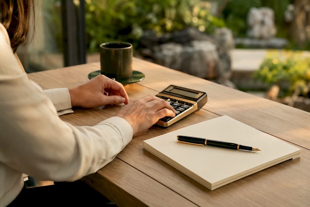 Hands using calculator and blank notebook for bookkeeping