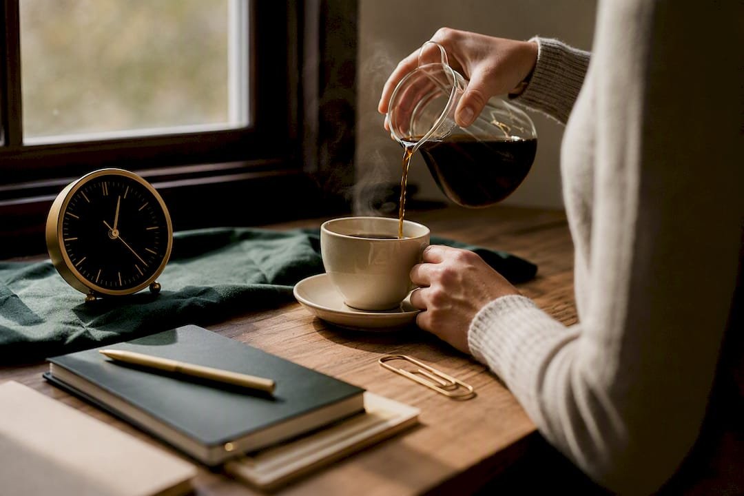 Hands pouring coffee for weekly cash flow review ritual