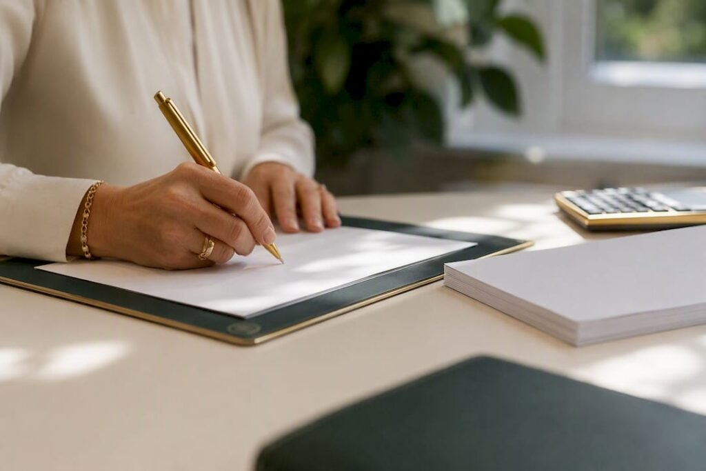 Hands stamping official paperwork on desk