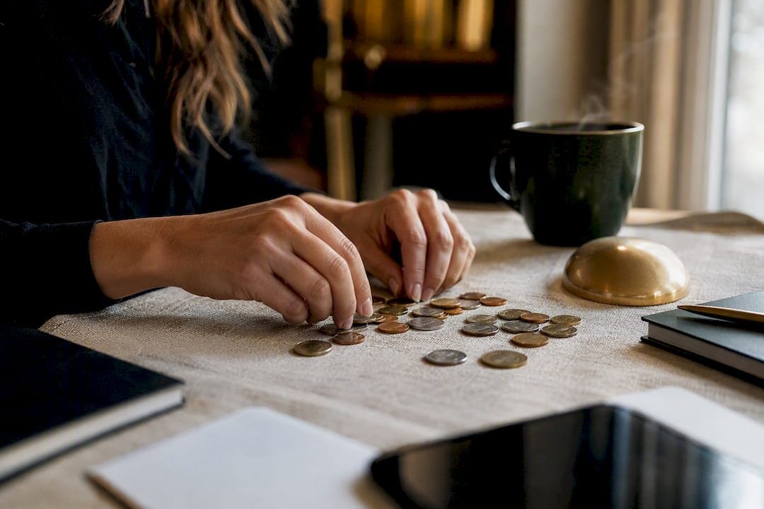 Hands counting coins on green desk mat