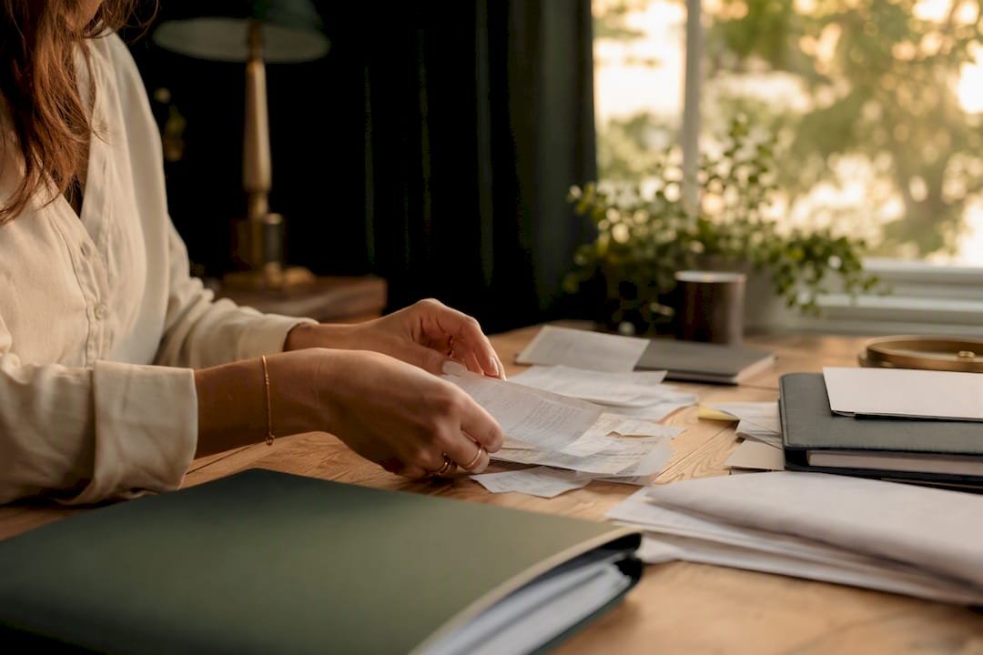 Hands sorting receipts for reconciliation