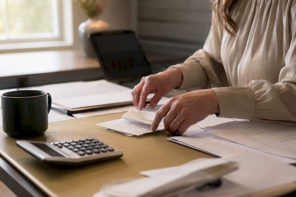 Hands organizing financial documents during month-end close