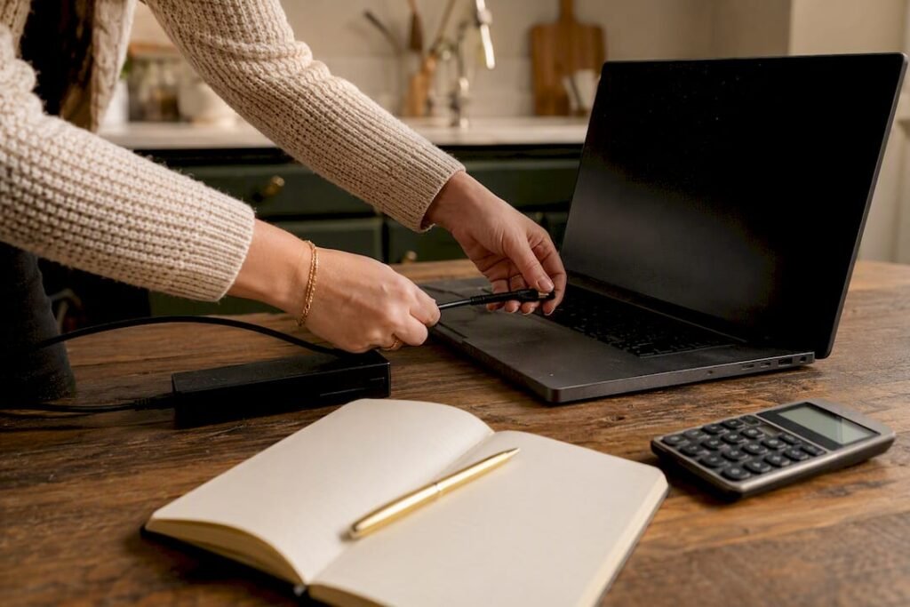 Hands plugging in laptop charger in home office