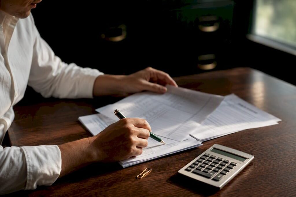 Hands checking year-end payroll records